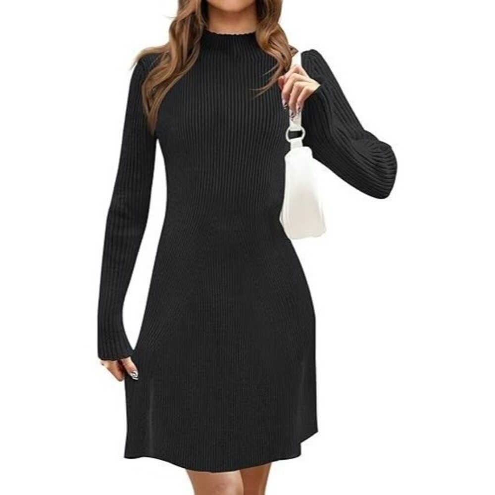 MEROKEETY Womens Sweater Dress SMALL Black Turtleneck Ribbed Knit Bodycon Mini